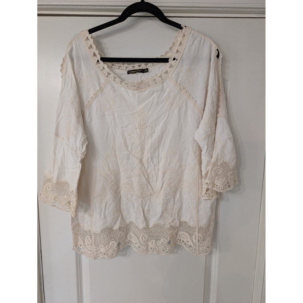 Spiaggia Dolce Embroidered Crochet Lace Boho Blouse cottagecore Womens Medium